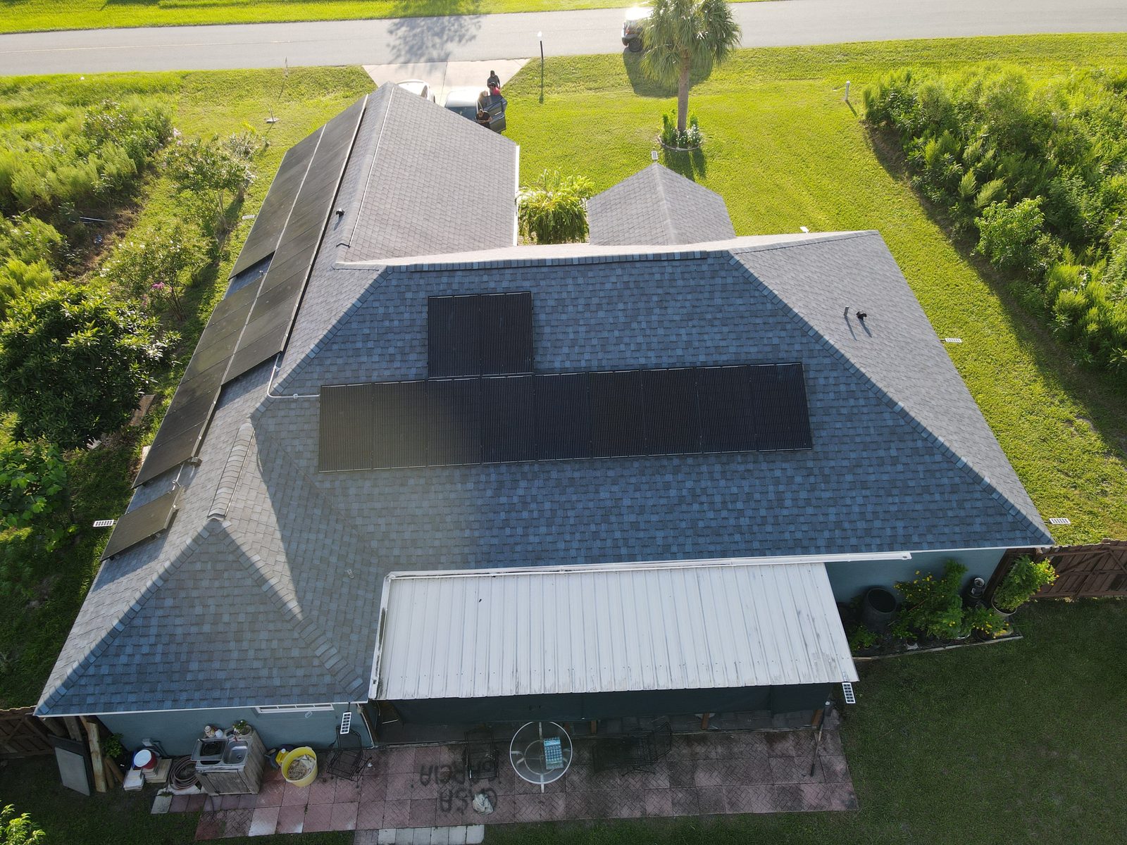Drone aerial photo of solar panels installed on a home roof in Orlando, Florida